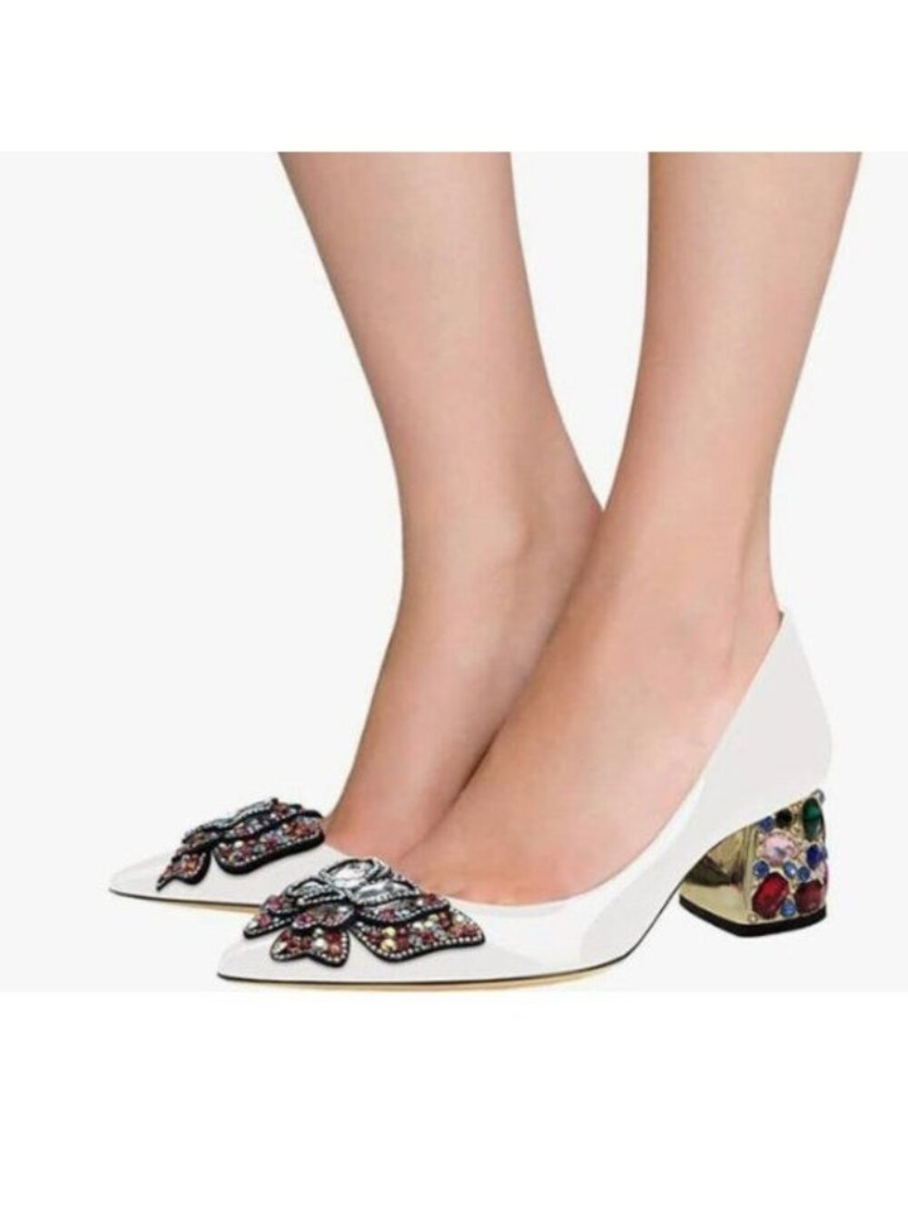 YDN White Bow Pump Butterfly Slip on Rhinestone Chunky Heels Pointed Toe Studded